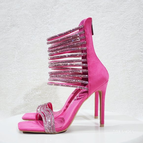 Sparked Closed Back Rhinestone Rope Strap Open Square Toe Evening Heels Shoes - Picture 1 of 11